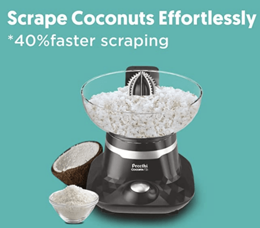 Preethi Cocosta KP001 Coconut Scraper & Citrus Juicer, 100% Safe Dual Protection Scraper with Safety Switch & Silicon Cap, Spillage Free Collection bowl, 100 Watt, 2yr Guarantee, Lifelong Free Service - Image 2